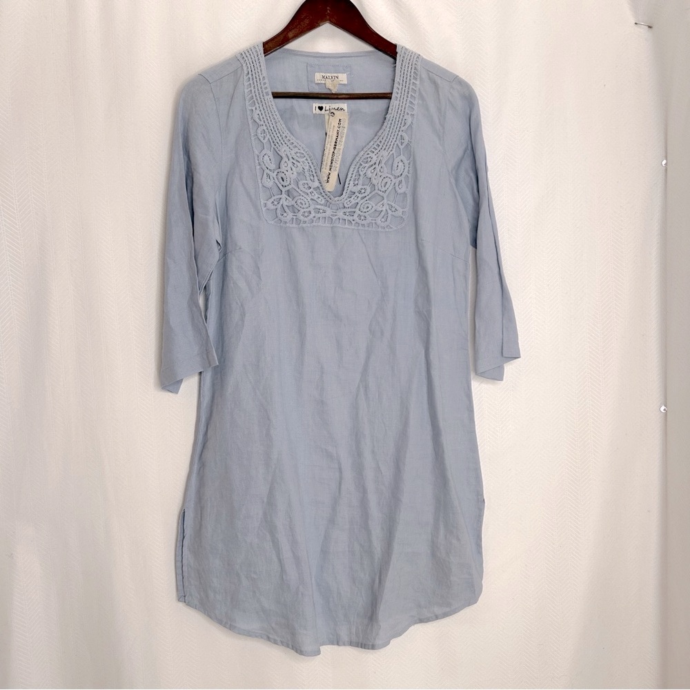 Malvin shirt dress linen blue size 10 lagenlook minimalist casual crochet